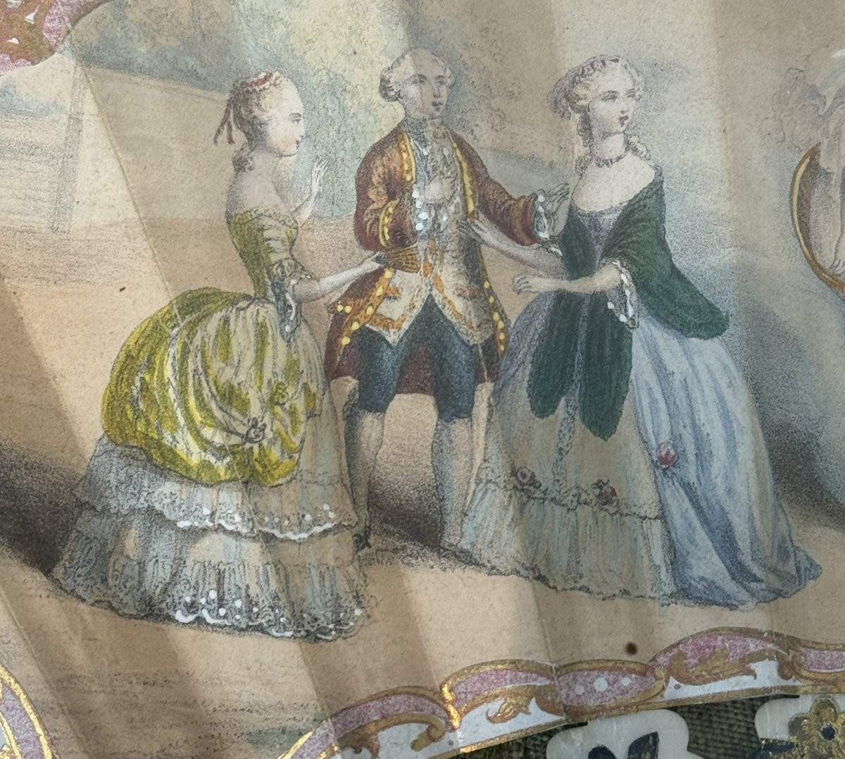 Ventaglio Dipinto a Mano Con stecche in Osso intarsiate in Argento e Dorature - Fine XVIII Seco-photo-3